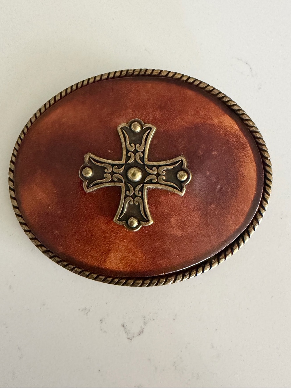 Brown Leather Oval Belt Buckle with Brass Cross Accent, made in Spain